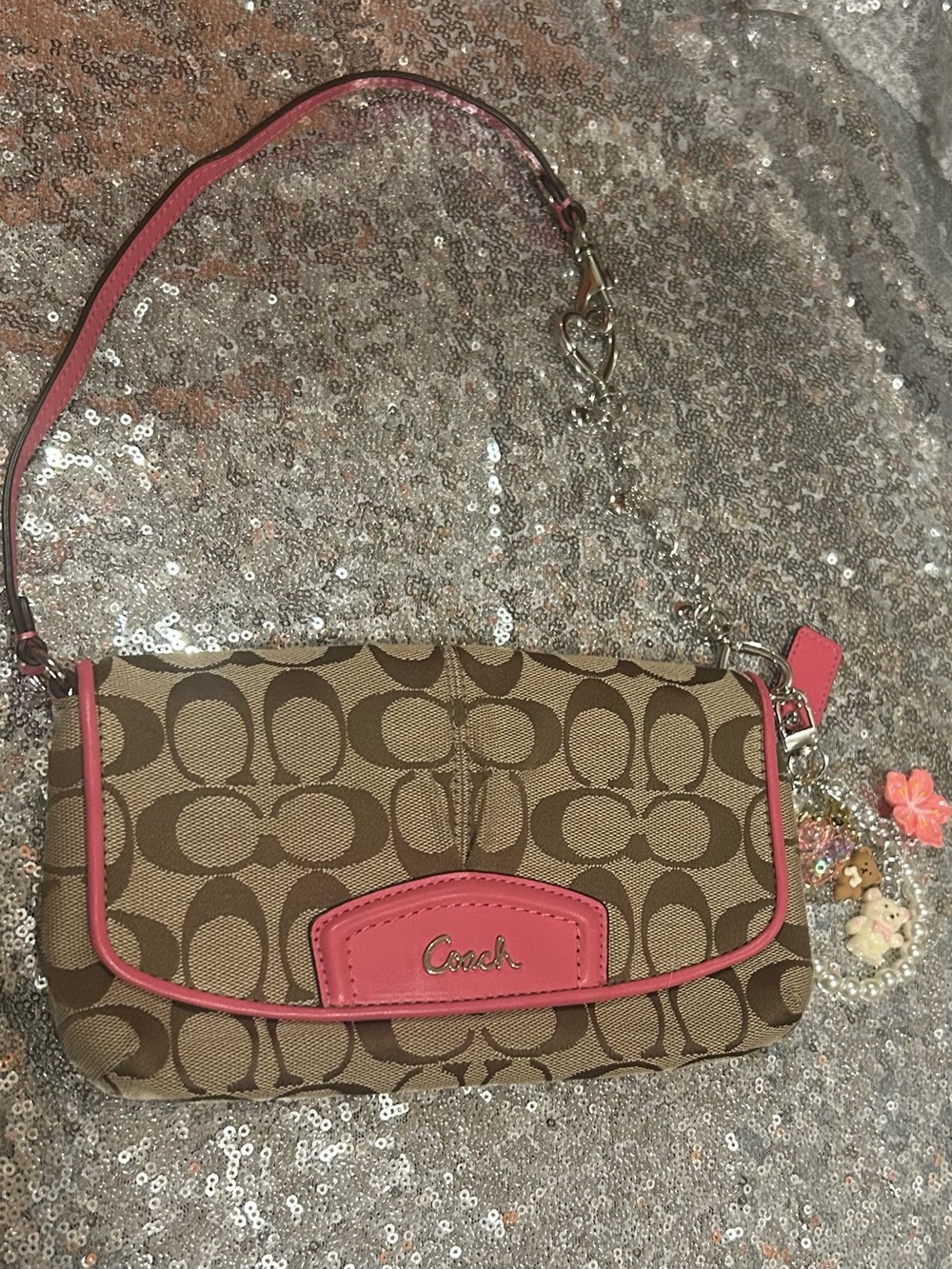 Coach Brown Signature Canvas Wristlet with Pink Trim